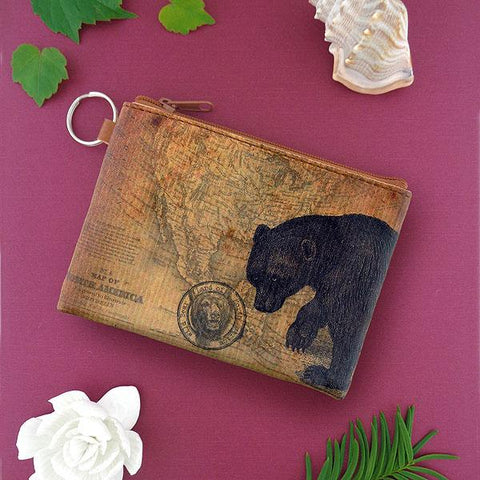 vegan brand LAVISHY's unisex key ring coin purse with vintage style bear illustration on the old map background print. Great for everyday use, travel & gift for friends & family. Wholesale at www.lavishy.com for gift shop, fashion accessories & clothing boutiques, book stores worldwide since 2001.
