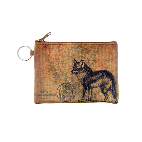vegan brand LAVISHY's unisex key ring coin purse with vintage style wolf illustration on the old map background print. Great for everyday use, travel & gift for friends & family. Wholesale at www.lavishy.com for gift , fashion accessories & clothing boutiques, book stores worldwide since 2001.