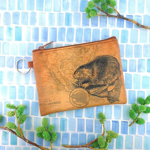 vegan brand LAVISHY's unisex key ring coin purse with vintage style beaver illustration on the old map background print. Great for everyday use, travel & gift for friends & family. Wholesale at www.lavishy.com for gift , fashion accessories & clothing boutiques, book stores worldwide since 2001.