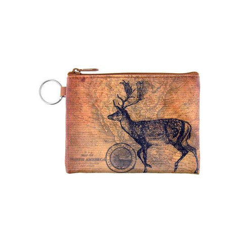 vegan brand LAVISHY's unisex key ring coin purse with vintage style deer illustration on the old map background print. Great for everyday use, travel & gift for friends & family. Wholesale at www.lavishy.com for gift , fashion accessories & clothing boutiques, book stores worldwide since 2001.