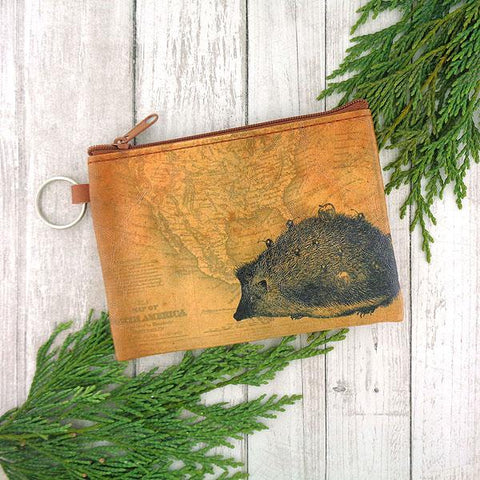 vegan brand LAVISHY's unisex key ring coin purse with vintage style hedgehog illustration on the old map background print. Great for everyday use, travel & gift for friends & family. Wholesale at www.lavishy.com for gift , fashion accessories & clothing boutiques, book stores worldwide since 2001.