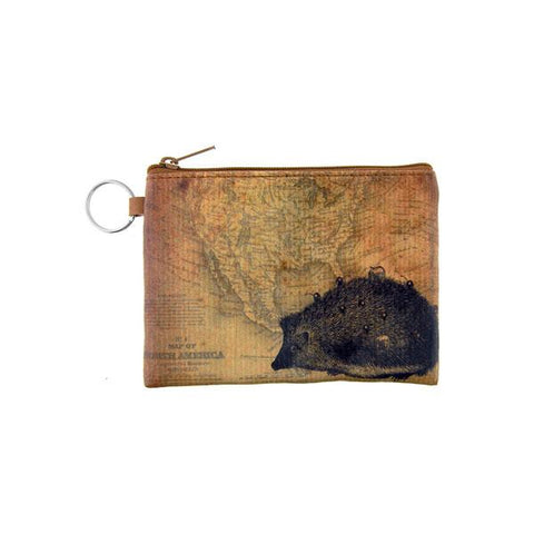 vegan brand LAVISHY's unisex key ring coin purse with vintage style hedgehog illustration on the old map background print. Great for everyday use, travel & gift for friends & family. Wholesale at www.lavishy.com for gift , fashion accessories & clothing boutiques, book stores worldwide since 2001.