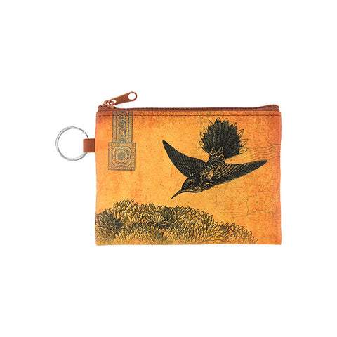 vegan brand LAVISHY's unisex key ring coin purse with vintage style hummingbird illustration on the old map background print. Great for everyday use, travel & gift for friends & family. Wholesale at www.lavishy.com for gift , fashion accessories & clothing boutiques, book stores worldwide since 2001.