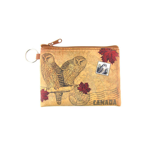 vegan brand LAVISHY's unisex key ring coin purse with vintage style snowy owl illustration on the old map background print. Great for everyday use, travel & gift for friends & family. Wholesale at www.lavishy.com for gift shops, fashion accessories & clothing boutiques, book stores since 2001.
