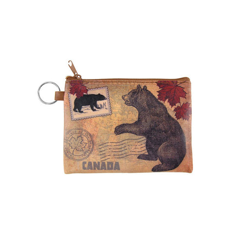 vegan brand LAVISHY's unisex key ring coin purse with vintage style bear illustration on the old map background print. Great for everyday use, travel & gift for friends & family. Wholesale at www.lavishy.com for gift shops, fashion accessories & clothing boutiques, book stores since 2001.