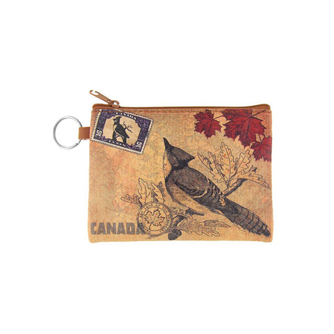 vegan brand LAVISHY's unisex key ring coin purse with vintage style jay illustration on the old map background print. Great for everyday use, travel & gift for friends & family. Wholesale at www.lavishy.com for gift shops, fashion accessories & clothing boutiques, book stores since 2001.