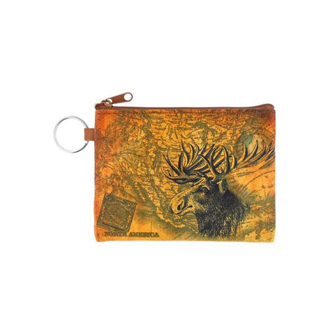 vegan brand LAVISHY's unisex key ring coin purse with vintage style moose illustration on the old map background print. Great for everyday use, travel & gift for friends & family. Wholesale at www.lavishy.com for gift Online shopping for LAVISHYs, fashion accessories & clothing boutiques, book stores worldwide since 2001.