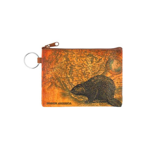 vegan brand LAVISHY's unisex key ring coin purse with vintage style beaver illustration on the old map background print. Great for everyday use, travel & gift for friends & family. Wholesale at www.lavishy.com for gift Online shopping for LAVISHYs, fashion accessories & clothing boutiques, book stores worldwide since 2001.