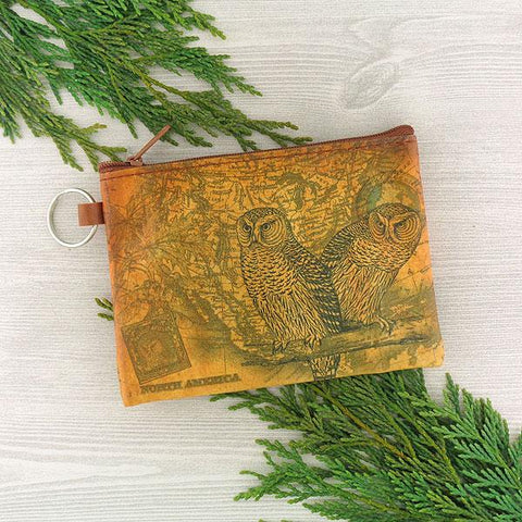 vegan brand LAVISHY's unisex key ring coin purse with vintage style snowy owl illustration on the old map background print. Great for everyday use, travel & gift for friends & family. Wholesale at www.lavishy.com for gift Online shopping for LAVISHYs, fashion accessories & clothing boutiques, book stores worldwide since 2001.