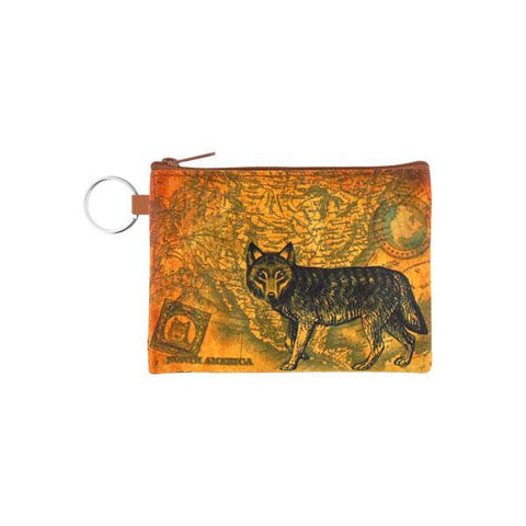 Online shopping for LAVISHYping for vegan brand LAVISHY's unisex key ring coin purse with vintage style wolf illustration on the old map background print. Great for everyday use, travel & gift for friends & family. Wholesale at www.lavishy.com for gift Online shopping for LAVISHYs, fashion accessories & clothing boutiques, book stores worldwide since 2001.