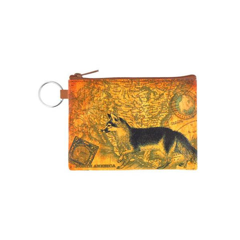 vegan brand LAVISHY's unisex key ring coin purse with vintage style fox illustration on the old map background print. Great for everyday use, travel & gift for friends & family. Wholesale at www.lavishy.com for gift Online shopping for LAVISHYs, fashion accessories & clothing boutiques, book stores worldwide since 2001.