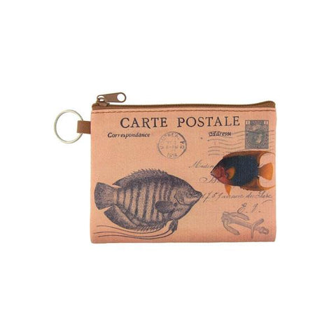 vegan brand LAVISHY's unisex key ring coin purse with vintage style fish illustration on the old map background print. Great for everyday use, travel & gift for friends & family. Wholesale at www.lavishy.com for gift Online shopping for LAVISHYs, fashion accessories & clothing boutiques, book stores worldwide since 2001.