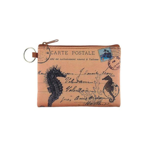 Online shopping for LAVISHYping for vegan brand LAVISHY's unisex key ring coin purse with vintage style seahorse illustration on the old map background print. Great for everyday use, travel & gift for friends & family. Wholesale at www.lavishy.com for gift Online shopping for LAVISHYs, fashion accessories & clothing boutiques, book stores worldwide since 2001.