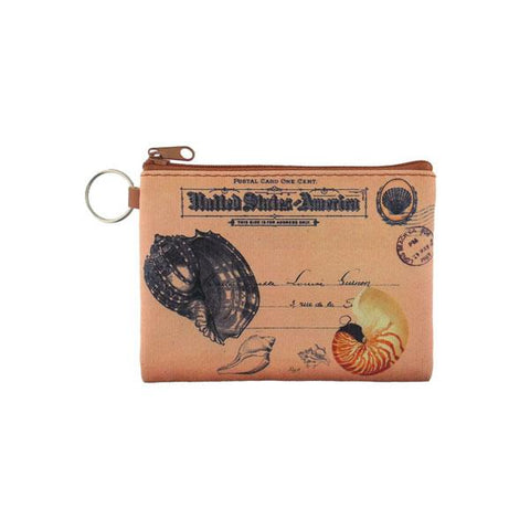 vegan brand LAVISHY's unisex key ring coin purse with vintage style seashell illustration on the old map background print. Great for everyday use, travel & gift for friends & family. Wholesale at www.lavishy.com for gift Online shopping for LAVISHYs, fashion accessories & clothing boutiques, book stores worldwide since 2001.