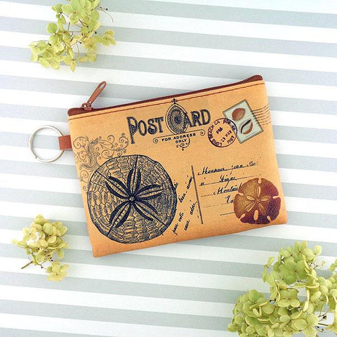 vegan brand LAVISHY's unisex key ring coin purse with vintage style sand dollar illustration on the old map background print. Great for everyday use, travel & gift for friends & family. Wholesale at www.lavishy.com for gift Online shopping for LAVISHYs, fashion accessories & clothing boutiques, book stores worldwide since 2001.