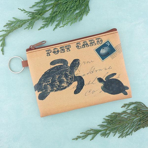 vegan brand LAVISHY's unisex key ring coin purse with vintage style sea turtle illustration on the old map background print. Great for everyday use, travel & gift for friends & family. Wholesale at www.lavishy.com for gift Online shopping for LAVISHYs, fashion accessories & clothing boutiques, book stores worldwide since 2001.