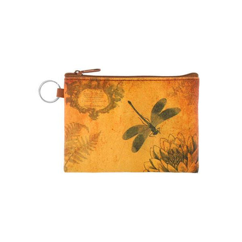 vegan brand LAVISHY's unisex key ring coin purse with vintage style dragonfly illustration on the old map background print. Great for everyday use, travel & gift for friends & family. Wholesale at www.lavishy.com for gift Online shopping for LAVISHYs, fashion accessories & clothing boutiques, book stores worldwide since 2001.