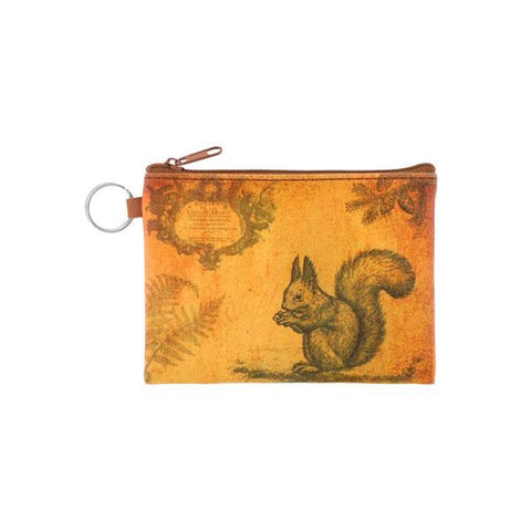 vegan brand LAVISHY's unisex key ring coin purse with vintage style squirrel illustration on the old map background print. Great for everyday use, travel & gift for friends & family. Wholesale at www.lavishy.com for gift Online shopping for LAVISHYs, fashion accessories & clothing boutiques, book stores worldwide since 2001.