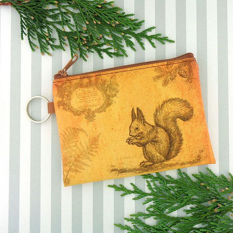 vegan brand LAVISHY's unisex key ring coin purse with vintage style squirrel illustration on the old map background print. Great for everyday use, travel & gift for friends & family. Wholesale at www.lavishy.com for gift Online shopping for LAVISHYs, fashion accessories & clothing boutiques, book stores worldwide since 2001.