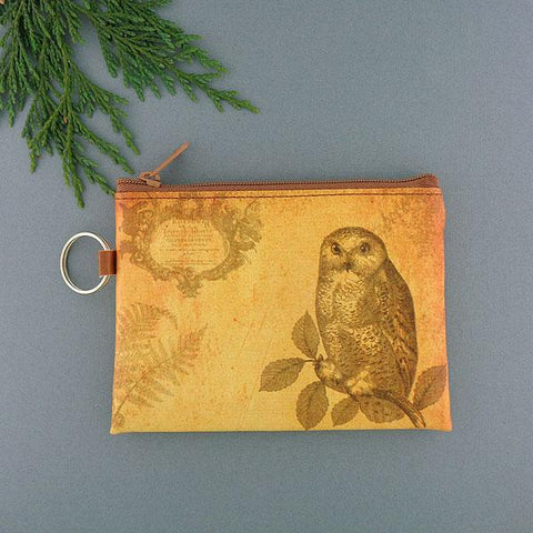 vegan brand LAVISHY's unisex key ring coin purse with vintage style owl illustration on the old map background print. Great for everyday use, travel & gift for friends & family. Wholesale at www.lavishy.com for gift Online shopping for LAVISHYs, fashion accessories & clothing boutiques, book stores worldwide since 2001.
