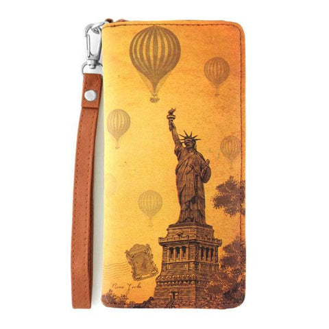 Online shopping for LAVISHY's cool wristlet large wallet with vintage style New York Statue of Liberty illustration on old map background print. Great for everyday use & travel. A cool gift for family & friends. Wholesale at www.lavishy.com for gift Online shopping for LAVISHYs, fashion accessories & clothing boutiques, book stores since 2001.