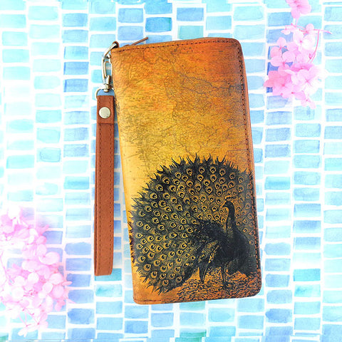 Online shopping for LAVISHY's cool wristlet large wallet with vintage style peacock illustration on old map background print. Great for everyday use & travel. A cool gift for family & friends. Wholesale at www.lavishy.com for gift Online shopping for LAVISHYs, fashion accessories & clothing boutiques, book stores since 2001.