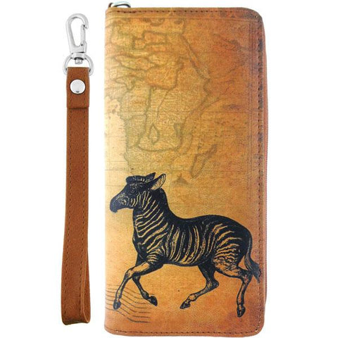 LAVISHY cool wristlet large wallet with vintage style zebra illustration on old map background print. Great for everyday use & travel. A cool gift for family & friends. Wholesale at www.lavishy.com for gift LAVISHYs, fashion accessories & clothing boutiques, book stores since 2001.