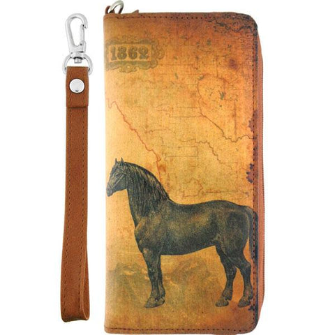 Online shopping for LAVISHY's cool wristlet large wallet with vintage style horse illustration on old map background print. Great for everyday use & travel. A cool gift for family & friends. Wholesale at www.lavishy.com for gift Online shopping for LAVISHYs, fashion accessories & clothing boutiques, book stores since 2001.