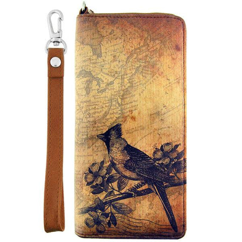 LAVISHY cool wristlet large wallet with vintage style cardinal illustration on old map background print. Great for everyday use & travel. A cool gift for family & friends. Wholesale at www.lavishy.com for gift LAVISHYs, fashion accessories & clothing boutiques, book stores since 2001.
