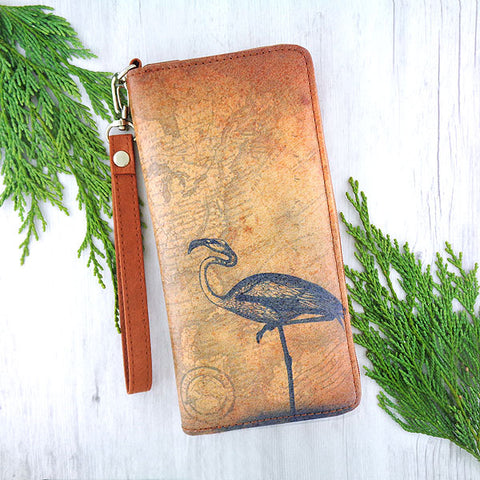 LAVISHY cool wristlet large wallet with vintage style flamingo illustration on old map background print. Great for everyday use & travel. A cool gift for family & friends. Wholesale at www.lavishy.com for gift LAVISHYs, fashion accessories & clothing boutiques, book stores since 2001.