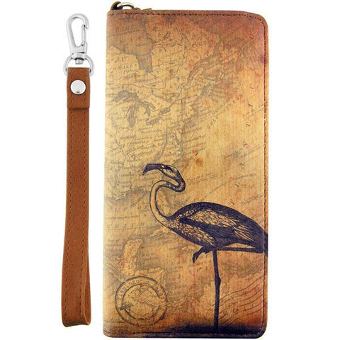 LAVISHY cool wristlet large wallet with vintage style flamingo illustration on old map background print. Great for everyday use & travel. A cool gift for family & friends. Wholesale at www.lavishy.com for gift LAVISHYs, fashion accessories & clothing boutiques, book stores since 2001.