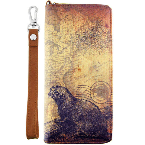 LAVISHY cool wristlet large wallet with vintage style beaver illustration on old map background print. Great for everyday use & travel. A cool gift for family & friends. Wholesale at www.lavishy.com for gift LAVISHYs, fashion accessories & clothing boutiques, book stores since 2001.