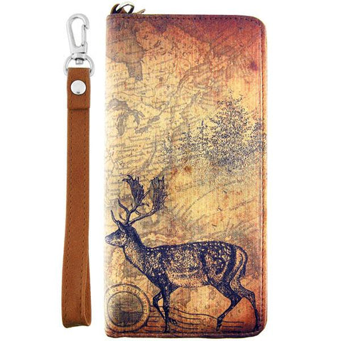 LAVISHY cool wristlet large wallet with vintage style deer illustration on old map background print. Great for everyday use & travel. A cool gift for family & friends. Wholesale at www.lavishy.com for gift LAVISHYs, fashion accessories & clothing boutiques, book stores since 2001.