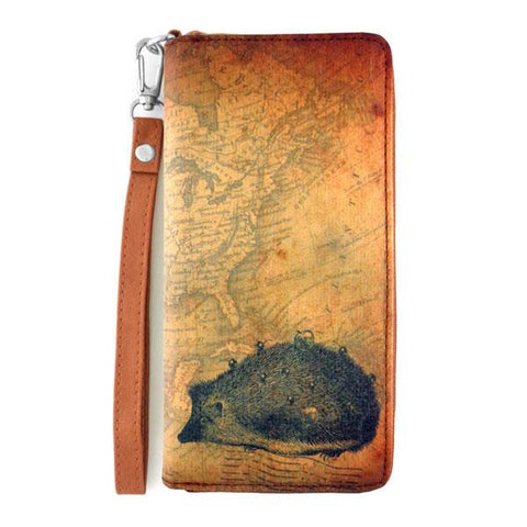 LAVISHY cool wristlet large wallet with vintage style hedgehog illustration on old map background print. Great for everyday use & travel. A cool gift for family & friends. Wholesale at www.lavishy.com for gift LAVISHYs, fashion accessories & clothing boutiques, book stores since 2001.