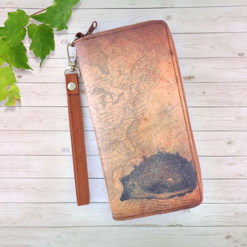 LAVISHY cool wristlet large wallet with vintage style hedgehog illustration on old map background print. Great for everyday use & travel. A cool gift for family & friends. Wholesale at www.lavishy.com for gift LAVISHYs, fashion accessories & clothing boutiques, book stores since 2001.