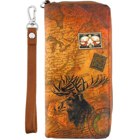 Online shopping for LAVISHY's cool wristlet large wallet with vintage style American moose illustration on old USA map background print. Great for everyday use & travel. A cool gift for family & friends. Wholesale at www.lavishy.com for gift Online shopping for LAVISHYs, boutiques, book stores & souvenir Online shopping for LAVISHYs in USA since 2001.