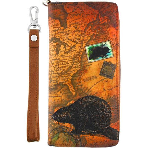 Online shopping for LAVISHY's cool wristlet large wallet with vintage style American beaver illustration on old USA map background print. Great for everyday use & travel. A cool gift for family & friends. Wholesale at www.lavishy.com for gift Online shopping for LAVISHYs, boutiques, book stores & souvenir Online shopping for LAVISHYs in USA since 2001.