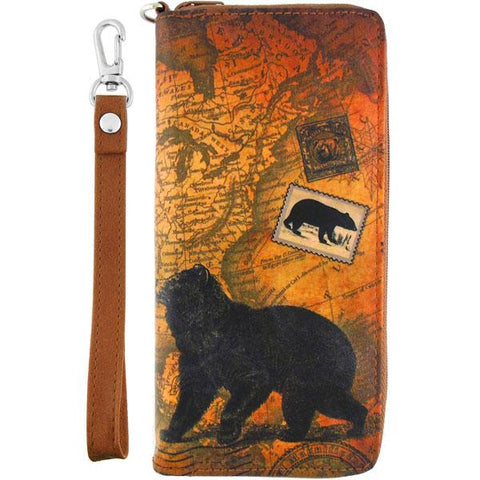 Online shopping for LAVISHY's cool wristlet large wallet with vintage style American bear illustration on old USA map background print. Great for everyday use & travel. A cool gift for family & friends. Wholesale at www.lavishy.com for gift Online shopping for LAVISHYs, boutiques, book stores & souvenir Online shopping for LAVISHYs in USA since 2001.