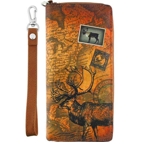 LAVISHY cool wristlet large wallet with vintage style American caribou illustration on old USA map background print. Great for everyday use & travel. A cool gift for family & friends. Wholesale at www.lavishy.com for gift LAVISHYs, boutiques, book stores & souvenir LAVISHYs in USA since 2001.