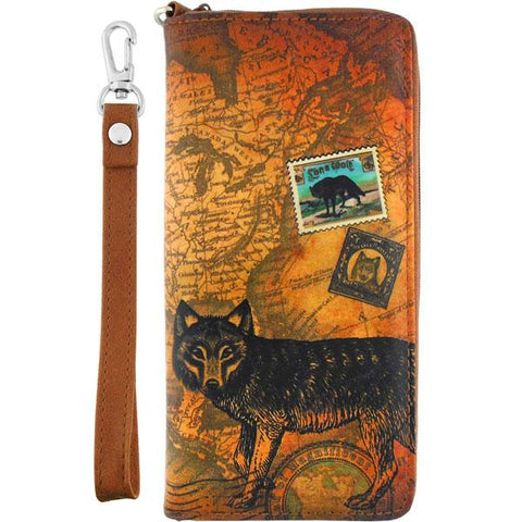 Online shopping for LAVISHY's cool wristlet large wallet with vintage style American wolf illustration on old USA map background print. Great for everyday use & travel. A cool gift for family & friends. Wholesale at www.lavishy.com for gift Online shopping for LAVISHYs, boutiques, book stores & souvenir Online shopping for LAVISHYs in USA since 2001.