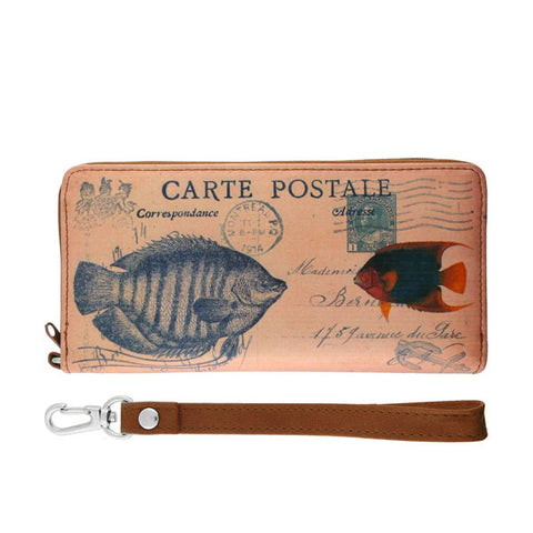 LAVISHY vintage postcard style fish print unisex vegan wristlet wallet