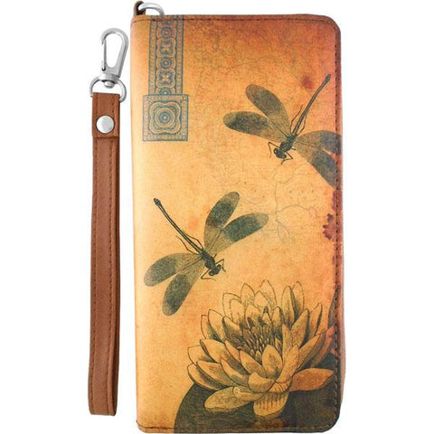 LAVISHY cool wristlet large wallet with vintage style dragonfly & lotus flower illustration on old Kraft paper background print. Great for everyday use & travel. A cool gift for family & friends. Wholesale at www.lavishy.com for gift LAVISHY, fashion accessories & clothing boutique, book store since 2001.