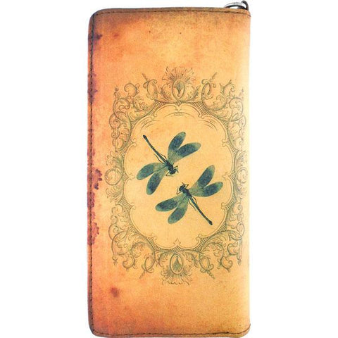 LAVISHY cool wristlet large wallet with vintage style dragonfly & lotus flower illustration on old Kraft paper background print. Great for everyday use & travel. A cool gift for family & friends. Wholesale at www.lavishy.com for gift LAVISHY, fashion accessories & clothing boutique, book store since 2001.