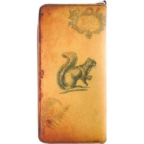 Online shopping for LAVISHY's cool wristlet large wallet with vintage style squirrel illustration on old Kraft paper background print. Great for everyday use & travel. A cool gift for family & friends. Wholesale at www.lavishy.com for gift Online shopping for LAVISHY, fashion accessories & clothing boutique, book store since 2001.