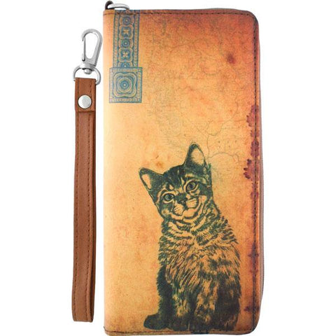 LAVISHY cool wristlet large wallet with vintage style cat illustration on old Kraft paper background print. Great for everyday use & travel. A cool gift for family & friends. Wholesale at www.lavishy.com for gift LAVISHY, fashion accessories & clothing boutique, book store since 2001.