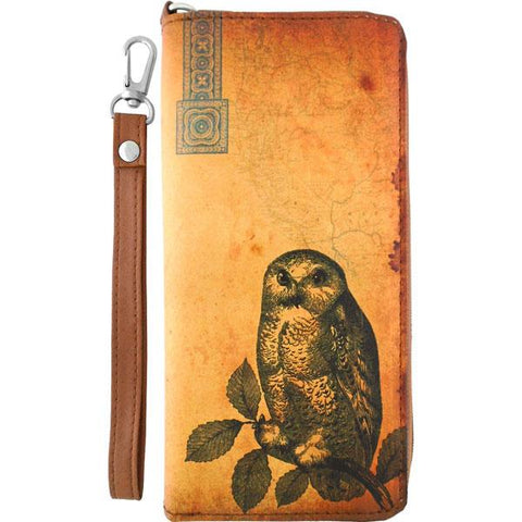 LAVISHY cool wristlet large wallet with vintage style owl illustration on old Kraft paper background print. Great for everyday use & travel. A cool gift for family & friends. Wholesale at www.lavishy.com for gift LAVISHY, fashion accessories & clothing boutique, book store since 2001.