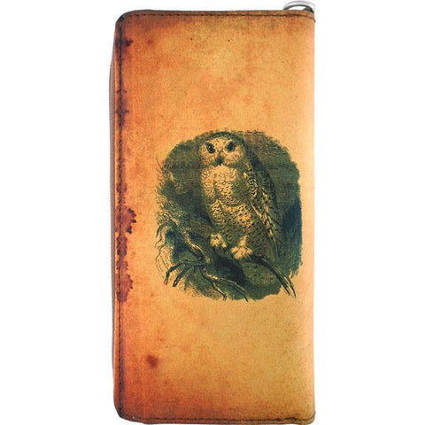 LAVISHY cool wristlet large wallet with vintage style owl illustration on old Kraft paper background print. Great for everyday use & travel. A cool gift for family & friends. Wholesale at www.lavishy.com for gift LAVISHY, fashion accessories & clothing boutique, book store since 2001.