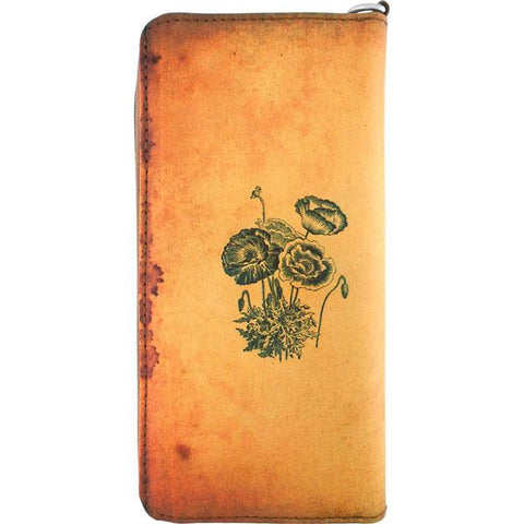 Online shopping for LAVISHY's cool wristlet large wallet with vintage style poppy flower illustration on old Kraft paper background print. Great for everyday use & travel. A cool gift for family & friends. Wholesale at www.lavishy.com for gift Online shopping for LAVISHY, fashion accessories & clothing boutique, book store since 2001.