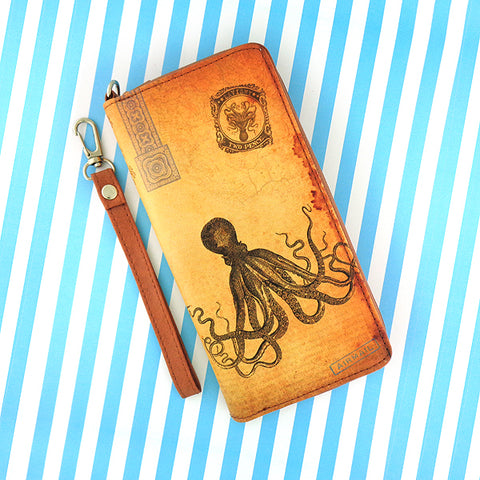 Online shopping for vegan brand LAVISHY's cool wristlet large wallet with vintage style octopus illustration on old map background print. Great for everyday use & travel. A cool gift for family & friends. Wholesale at www.lavishy.com for gift shops, fashion accessories & clothing boutiques, book stores since 2001.