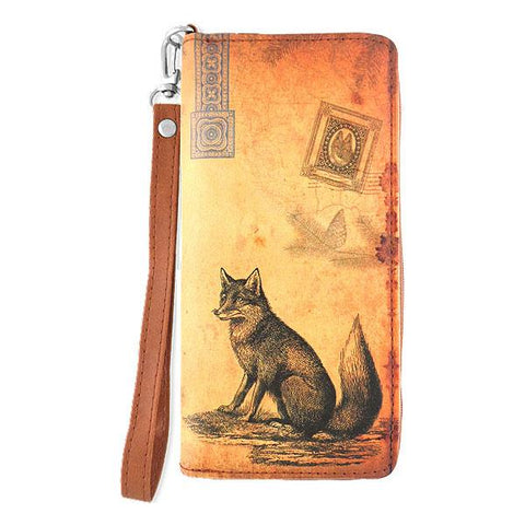 Online shopping for vegan brand LAVISHY's cool wristlet large wallet with vintage style fox illustration on old USA map background print. Great for everyday use & travel. A cool gift for family & friends. Wholesale at www.lavishy.com for gift shops, boutiques, book stores & souvenir shops in USA since 2001.